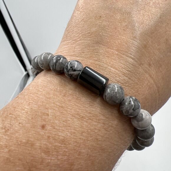 New Macrame Bracelet Unisex Adjustable Healing Hematite And Picasso Jasper Beads - Picture 1 of 9